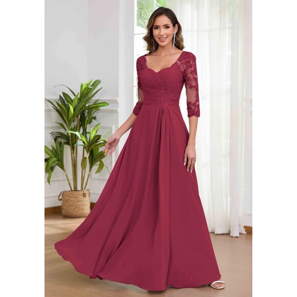 New Mother of the Bride (10) Dark Rose Lace/Chiffon Pleat Half Sleeve Maxi Dress - Picture 11 of 13
